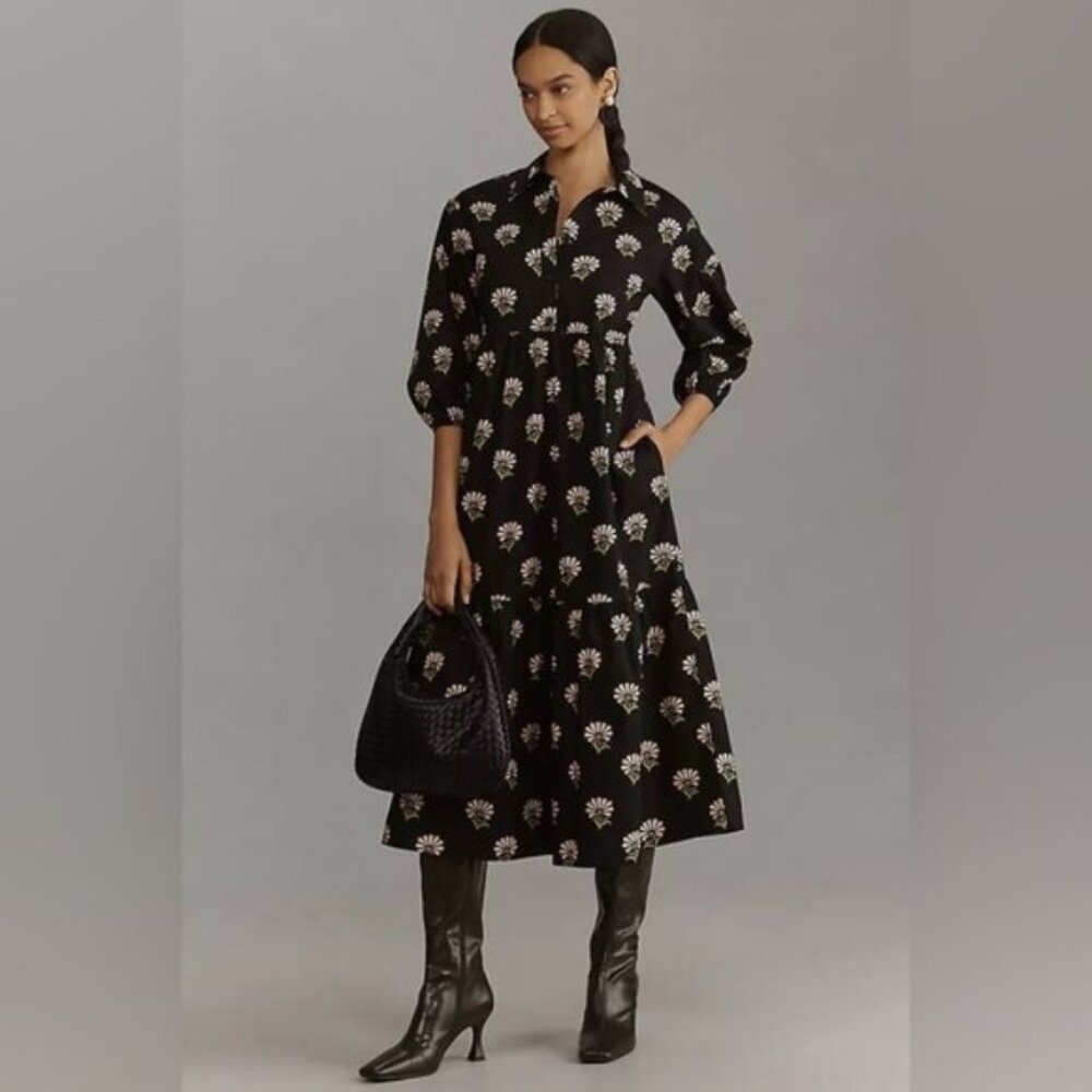 Maeve Bettina Black Floral Midi Dress 1X Anthropologie